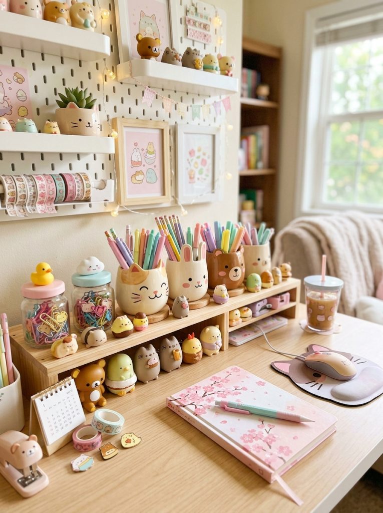 Beautifully styled kawaii DIY desk decor with handmade pencil holders paperclip holders small figures and pastel accessories 