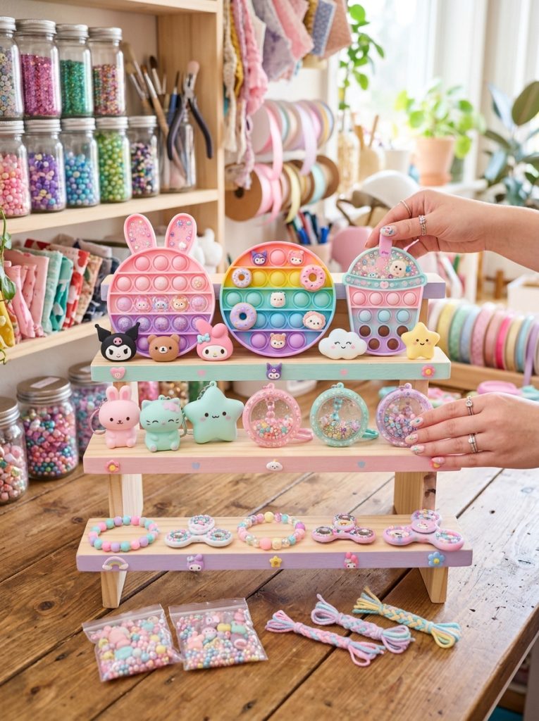  Adorable kawaii fun fidget DIY crafts with decorated pop-it style items and sensory pieces in pastel kawaii colors and designs 