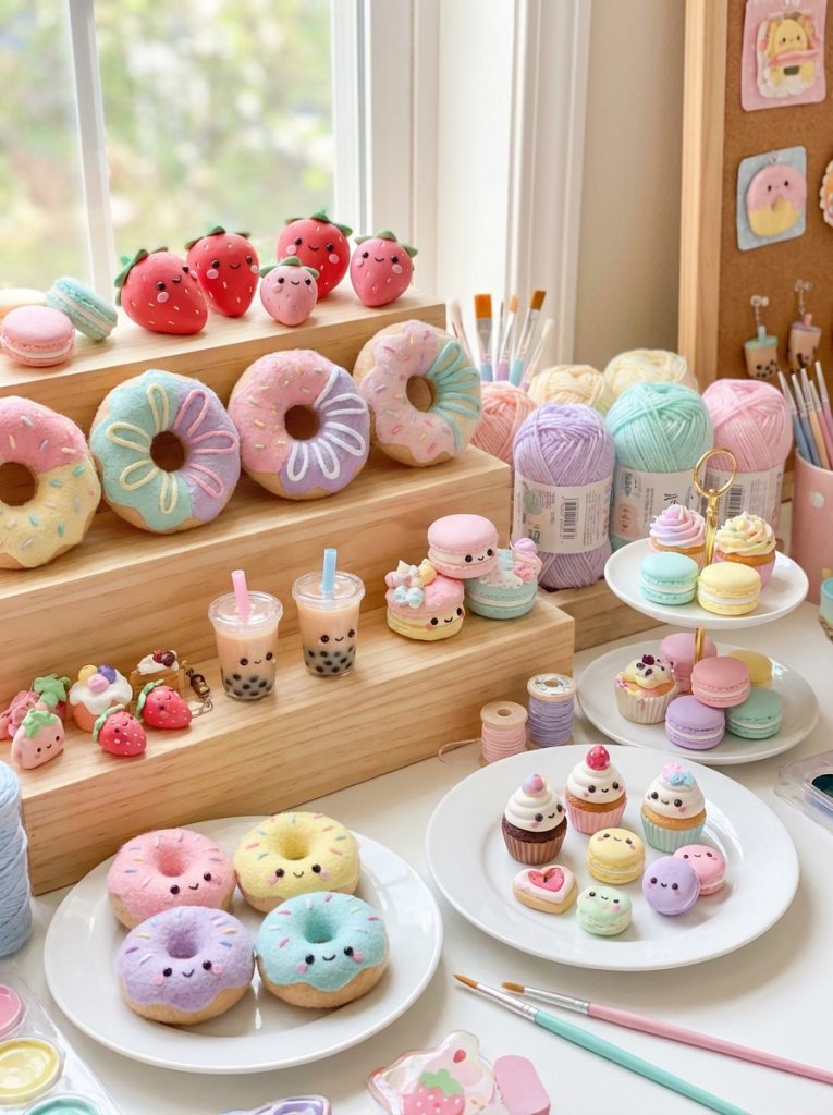 Adorable kawaii food DIY craft creations with sushi donuts strawberries boba tea and sweet treats with sweet faces in pastel colors 