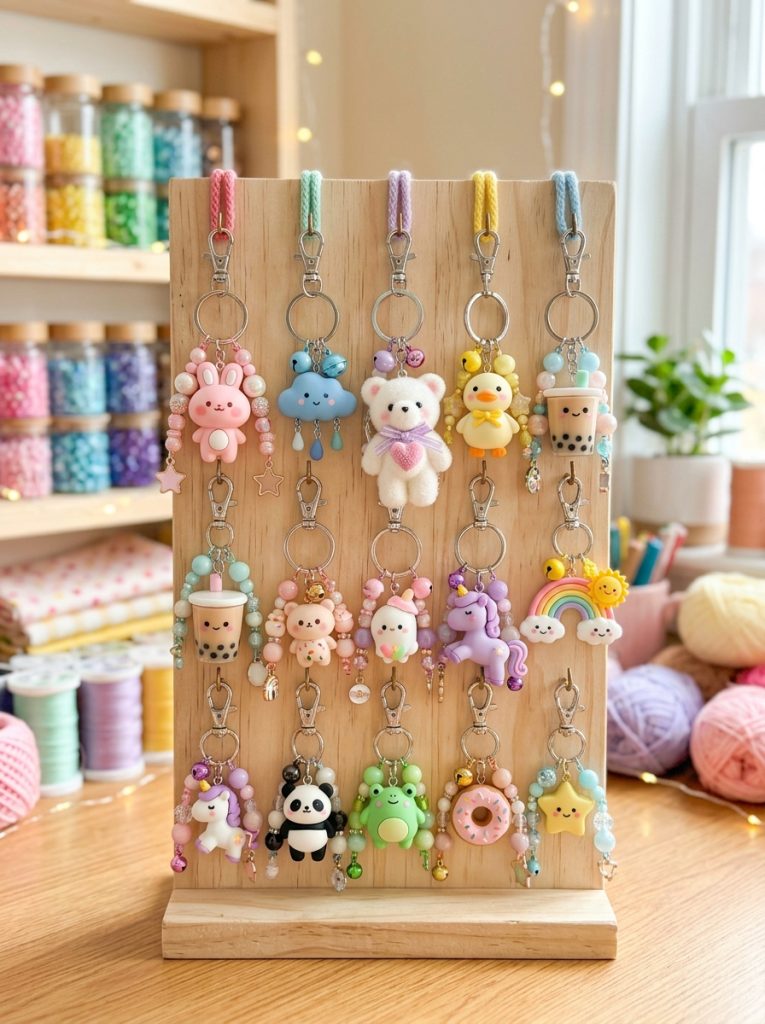  Adorable kawaii keychain DIY crafts with pastel character designs beaded patterns and kawaii charms on metal rings displayed 