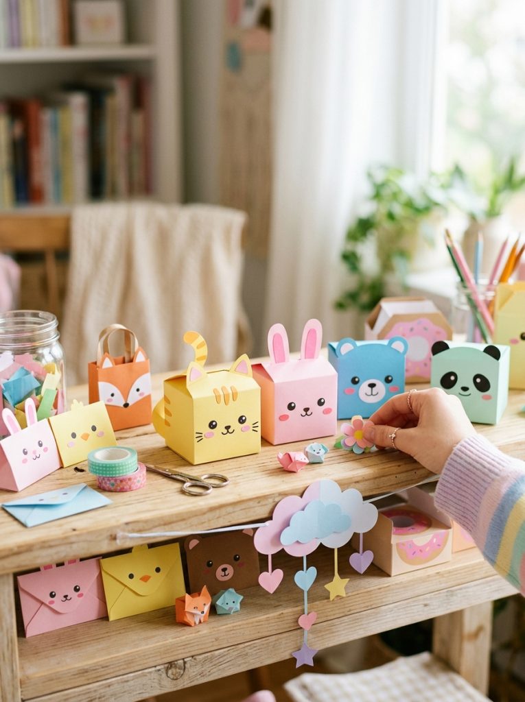 Adorable easy paper kawaii DIY crafts with folded paper kawaii character boxes envelopes and decorative items in pastel colors 