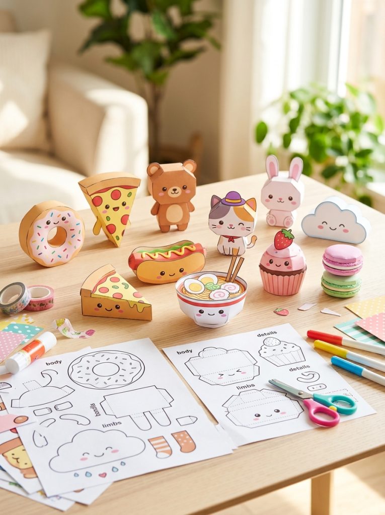 Adorable kawaii paper template DIY crafts with food characters animals and sweet treats assembled from printed templates alongside finished versions 