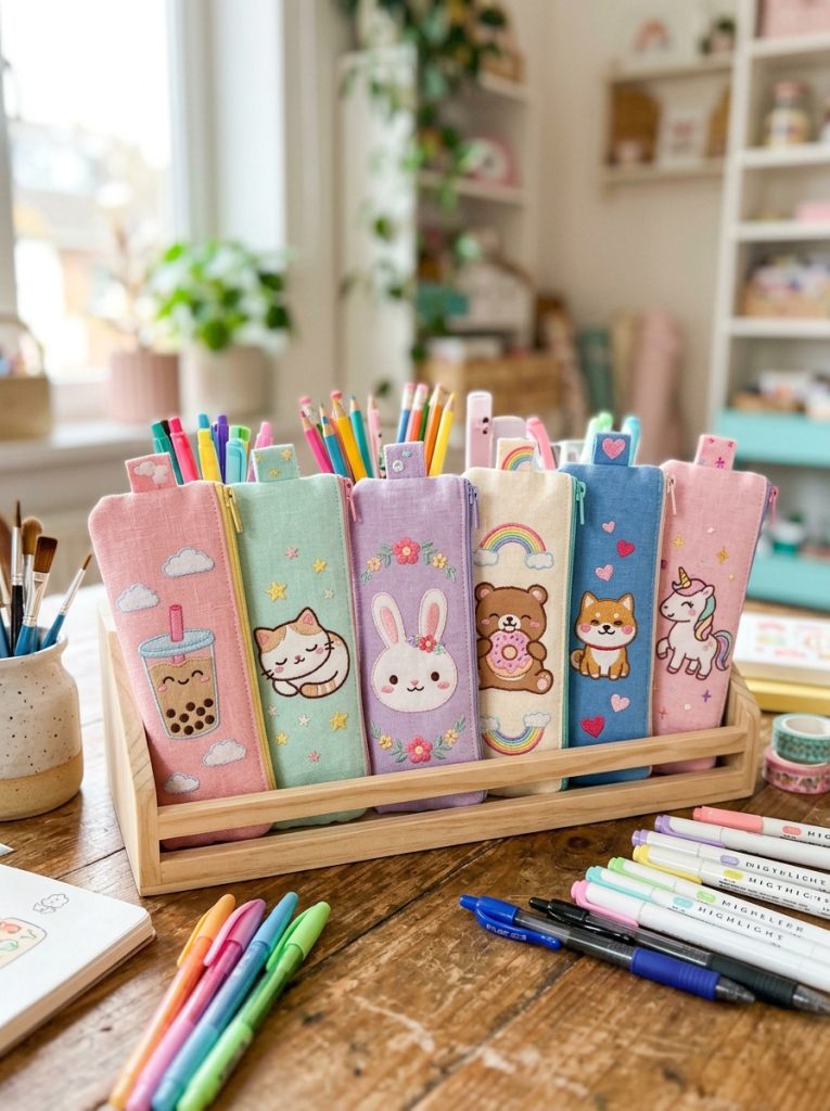 Adorable kawaii pencil case DIY crafts with handmade pastel cases featuring kawaii character designs sewn or drawn on surface