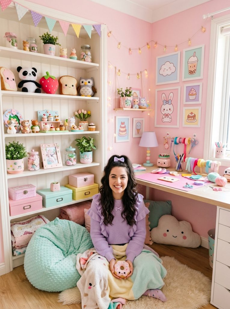 eautifully decorated kawaii DIY room with kawaii character displays bunting shelf decorations and pastel wall art creating room aesthetic