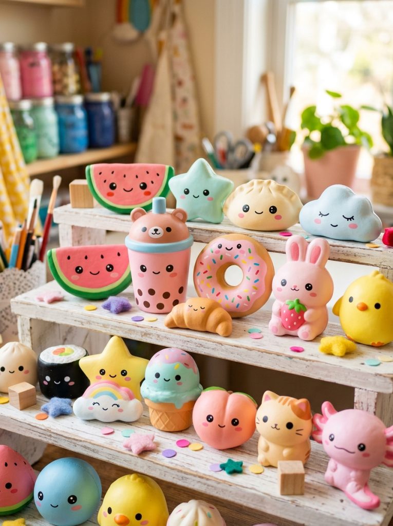 Adorable kawaii squishy DIY crafts with handmade food and character squishies with sweet kawaii expressions displayed
