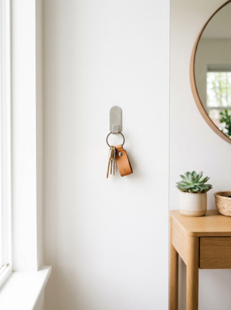 Single minimalist wall mounted key hook in brushed metal holding one set of keys on bright white entryway wall