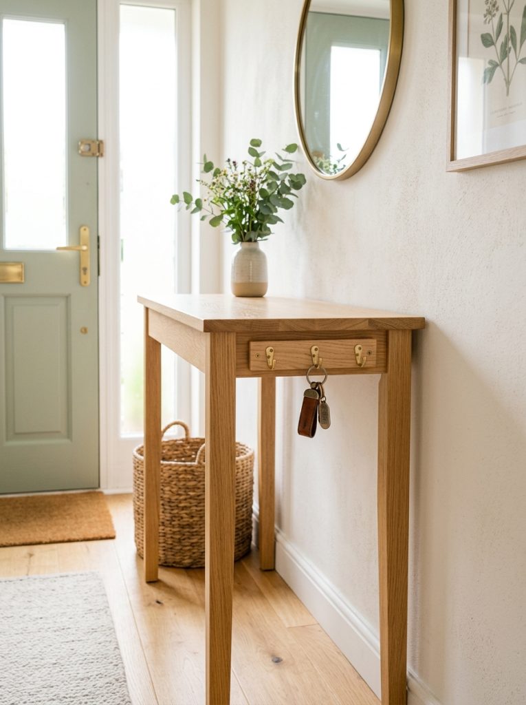 Small key hook strip attached to side of entryway console table holding keys below surface keeping top clear in bright entryway