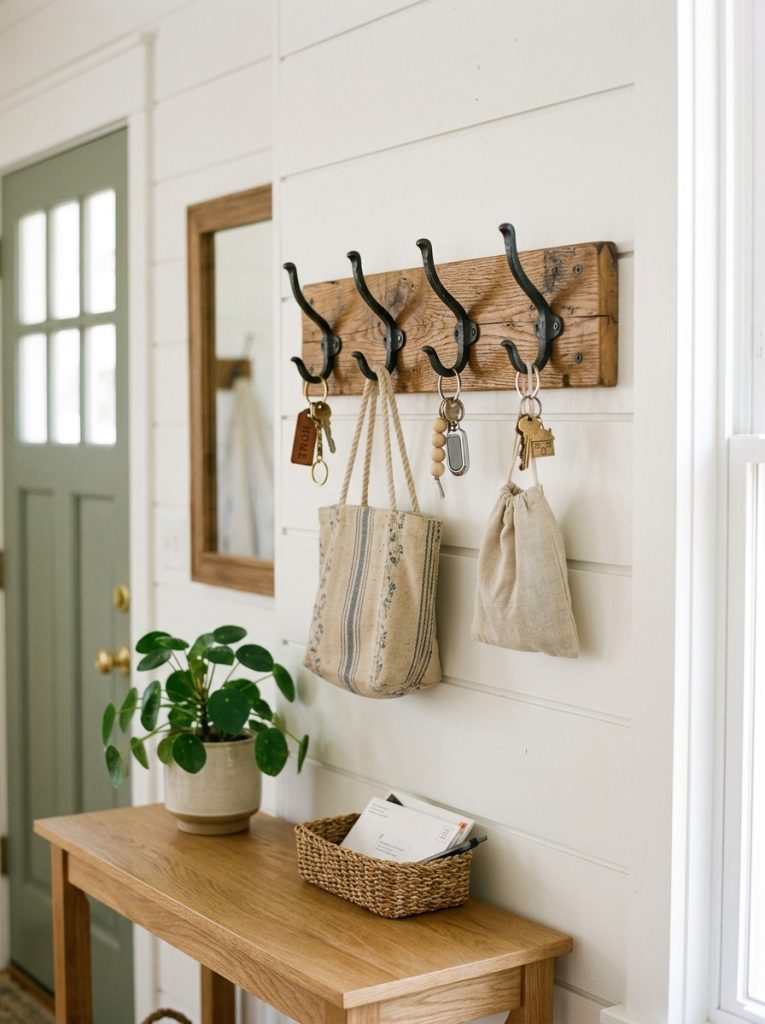 Rustic farmhouse style key hooks with wood plank backing and metal hooks holding keys and small bags in bright entryway