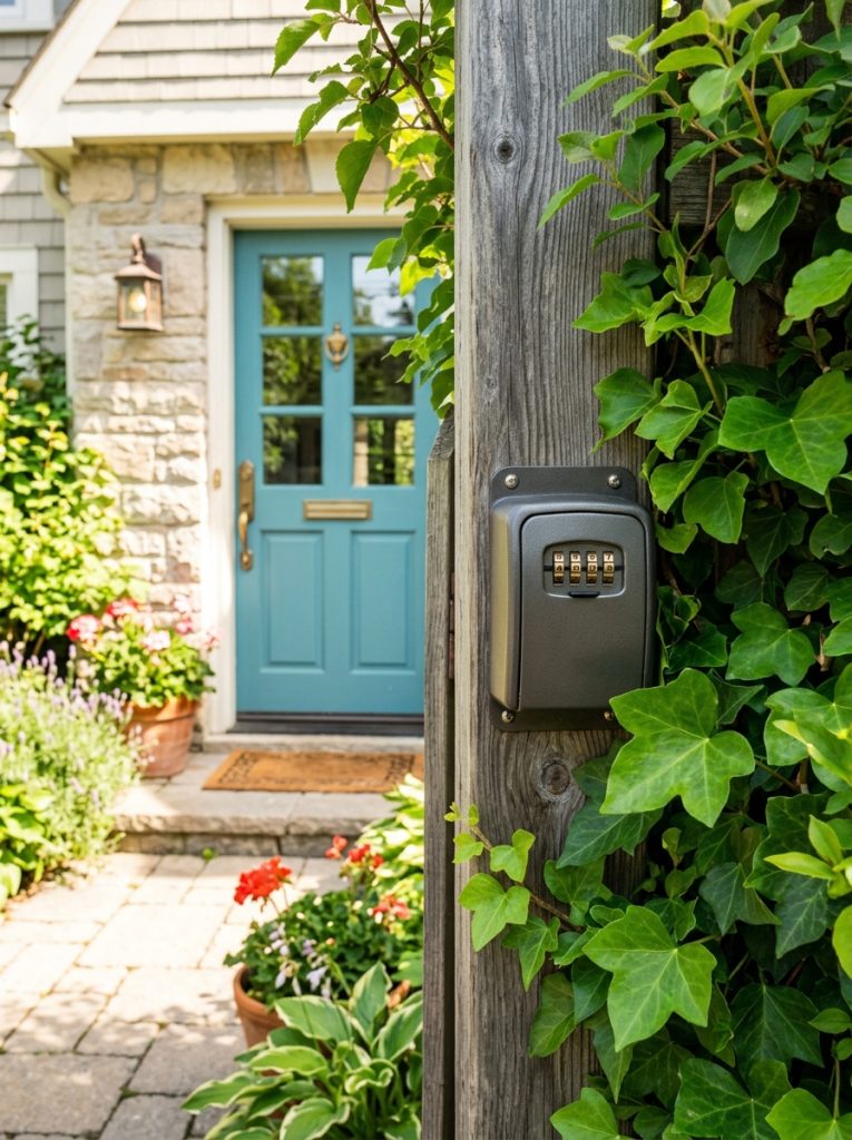 Hidden key lockbox mounted on outdoor wall beside front door holding spare key securely with combination lock
