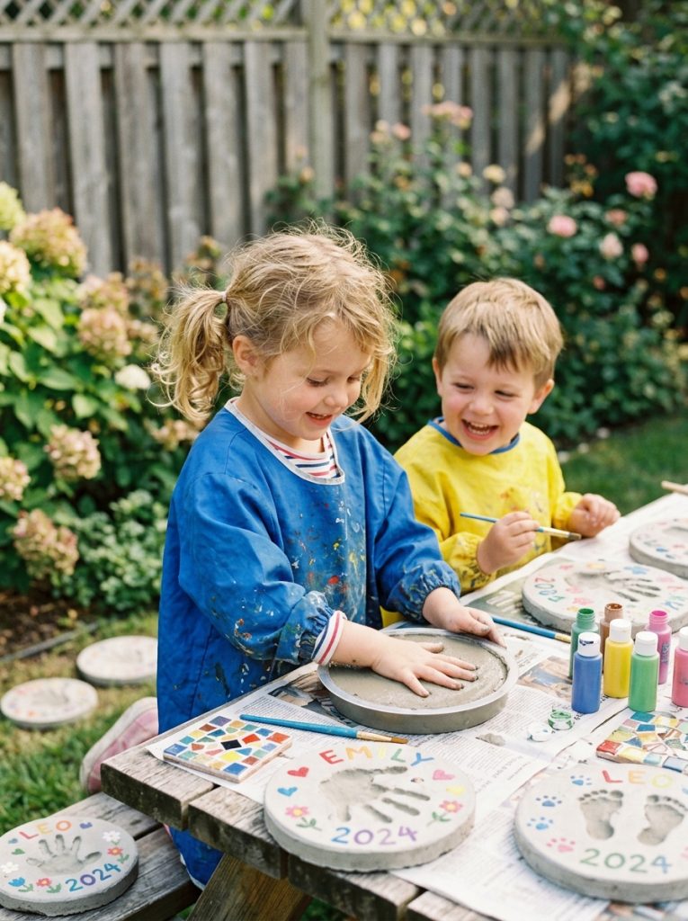 Adorable kids DIY stepping stone projects with children pressing handprints into fresh concrete alongside painted names dates footprints