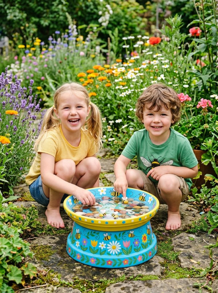 Cheerful kids bee bath DIY with brightly painted colorful designs bee and flower decorations filled with water and pebbles in garden