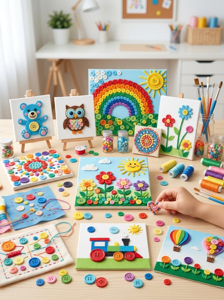 Complete button crafts for kids collection with canvas animals mosaics flower gardens simple patterns sewing and picture art 