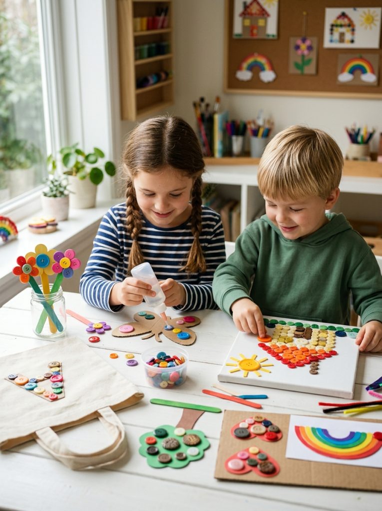 Kids button craft gluing with clear strong glue attaching colorful buttons to paper cardboard fabric and canvas surfaces