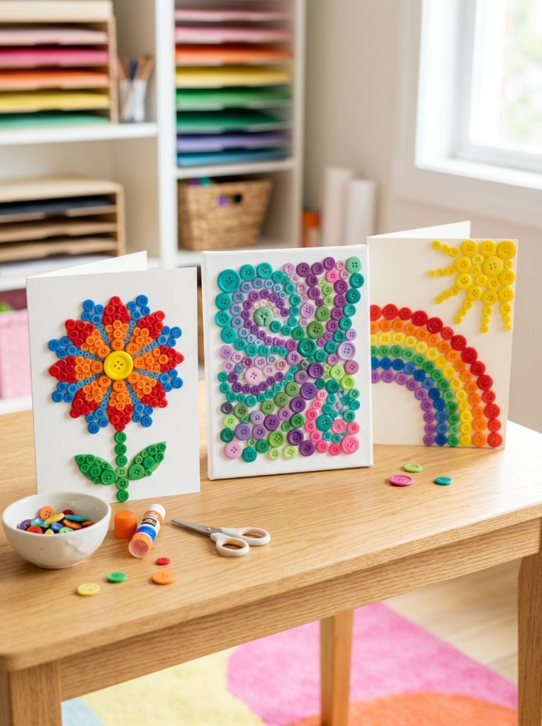  Beautiful button mosaic art project with colorful buttons in geometric flower and abstract mosaic patterns on card and canvas