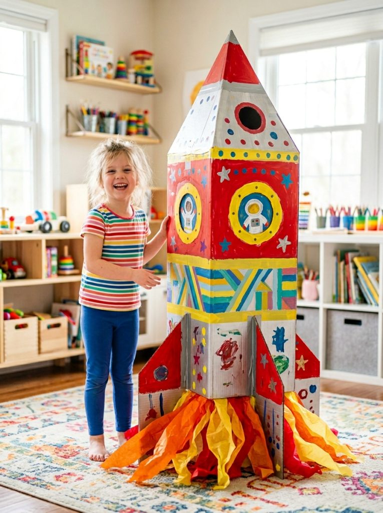 Colorful painted cardboard rocket craft made by kids with large box painted red silver with cardboard fins cone and tissue paper flames
