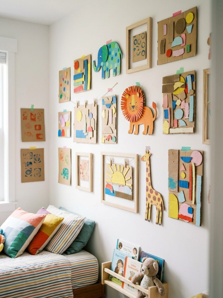 Cheerful kids cardboard wall art with painted animals textured prints and colorful collages creating bright kids bedroom gallery wall