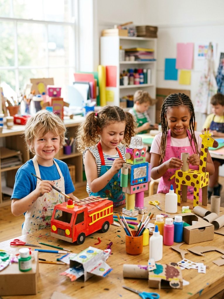 Kids doing easy cardboard crafts at craft table transforming boxes and tubes into colorful painted vehicles robots and animals