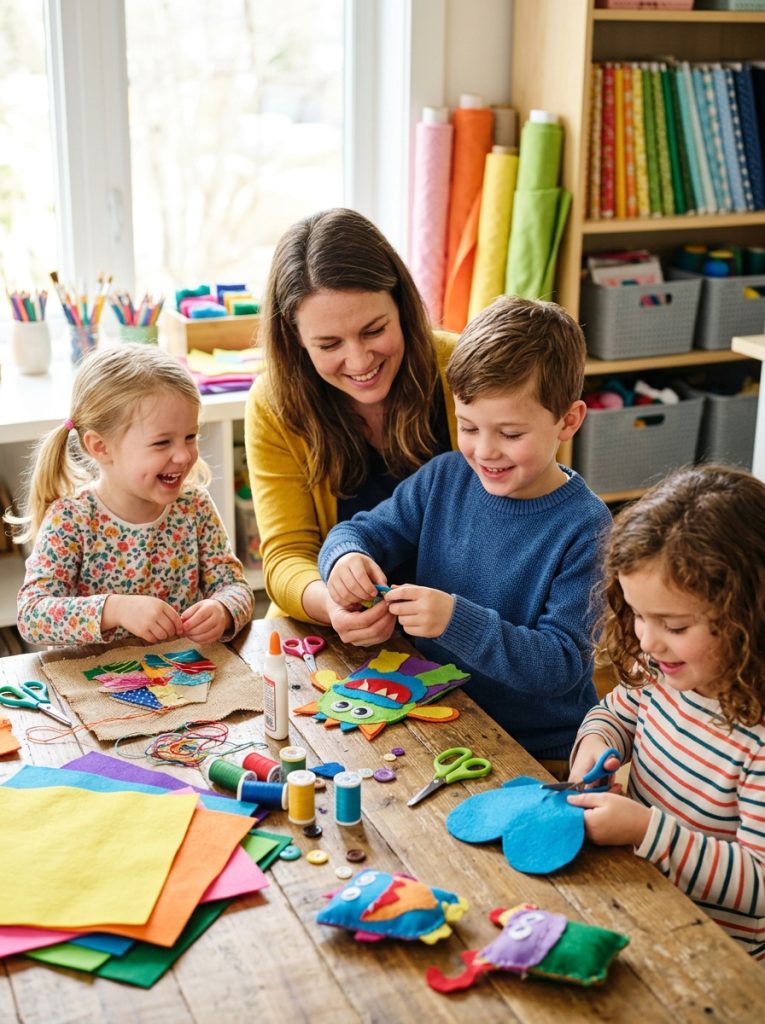  Kids doing easy fabric crafts cutting shapes and assembling fabric puppets collages and felt pieces at bright cheerful craft table 