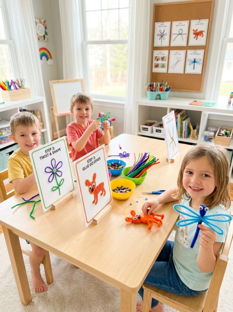 Kids following easy step by step pipe cleaner craft tutorials working through visual steps to create animals and flowers with progression