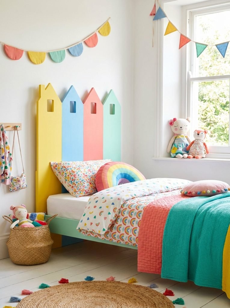 Colorful DIY kids headboard painted in bright colors with house shape cutout above child's bed in kids room