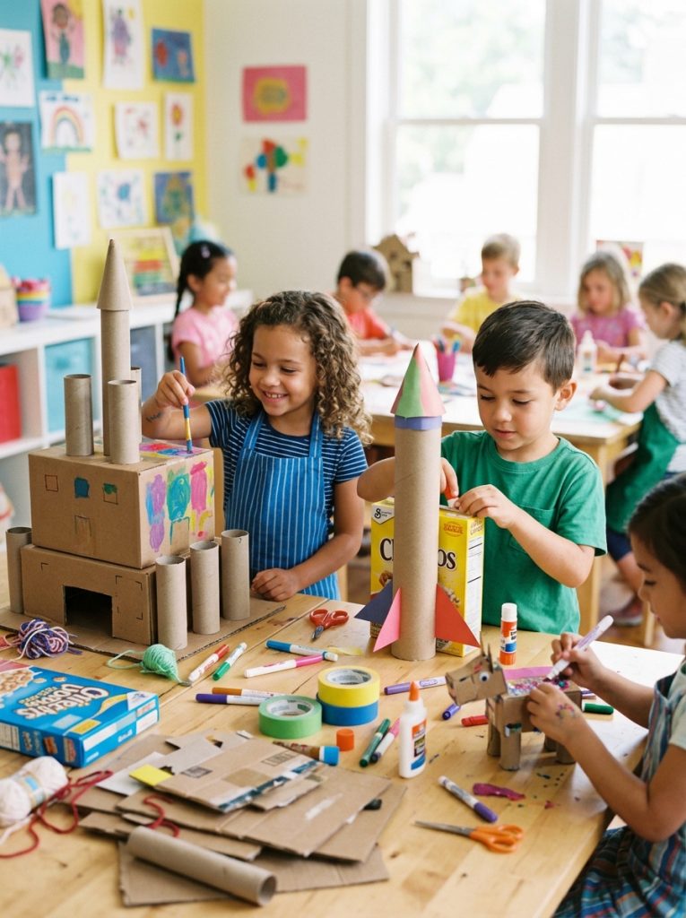 Kids making creative cardboard decoration crafts constructing and decorating sculptures from boxes tubes and sheets at craft table
