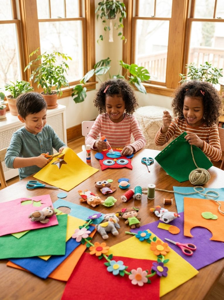 Kids making easy felt crafts cutting shapes and assembling felt characters and decorations with glue and sewing at craft table