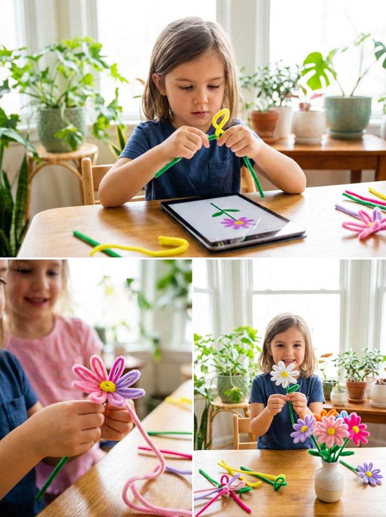 Easy flower pipe cleaner crafts made by kids making cheerful daisy flowers with yellow centers and colorful petals step by step
