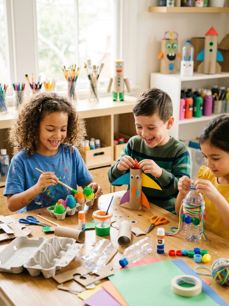 Kids making creative upcycled crafts transforming egg cartons cardboard tubes and packaging into colorful projects at craft table