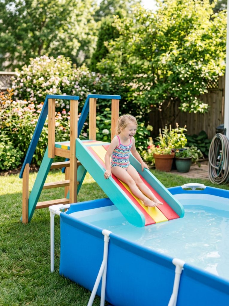 Fun easy DIY kids pool slide with gentle angle bright colorful finish secure safety features and appropriate sizing beside above ground pool