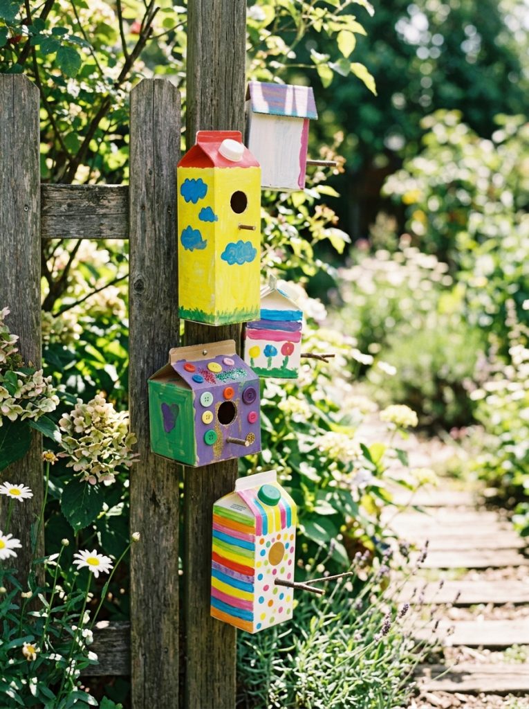  Adorable kids homemade recycled DIY birdhouses from cardboard milk cartons and household containers with bright paint in garden. 