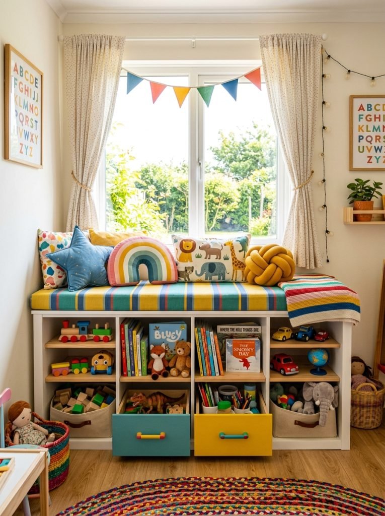Colorful DIY kids room window seat with cubbies and drawers below filled with toys and books in bright kids room