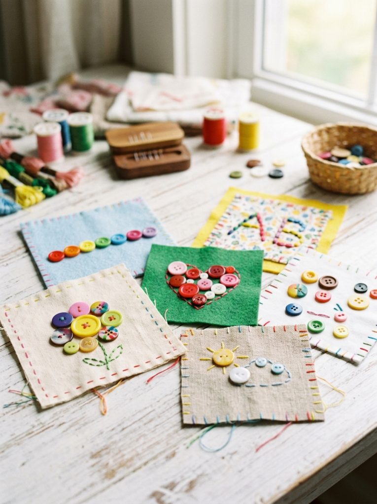 Adorable beginner button sewing kids craft with colorful buttons hand-sewn on fabric in patterns and designs as first sewing experience 