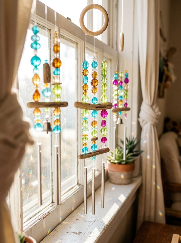 Beautiful kids sun catcher DIY wind chimes with colorful transparent beads catching and scattering colored light while creating gentle sound 