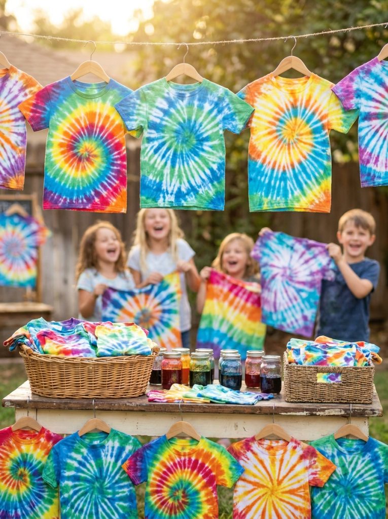 Adorable easy tie dye shirts made by kids with vibrant spiral crumple and simple color patterns in bright cheerful colors