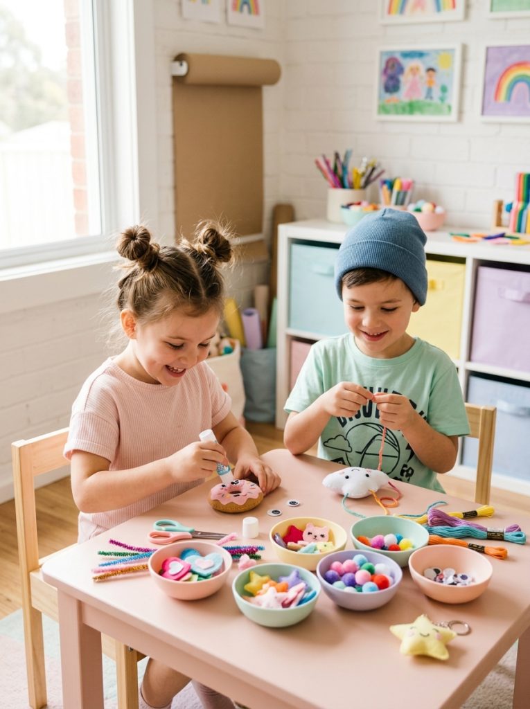 Kids using easy kawaii DIY craft kit at pastel craft table creating adorable kawaii characters from complete age-appropriate kit 