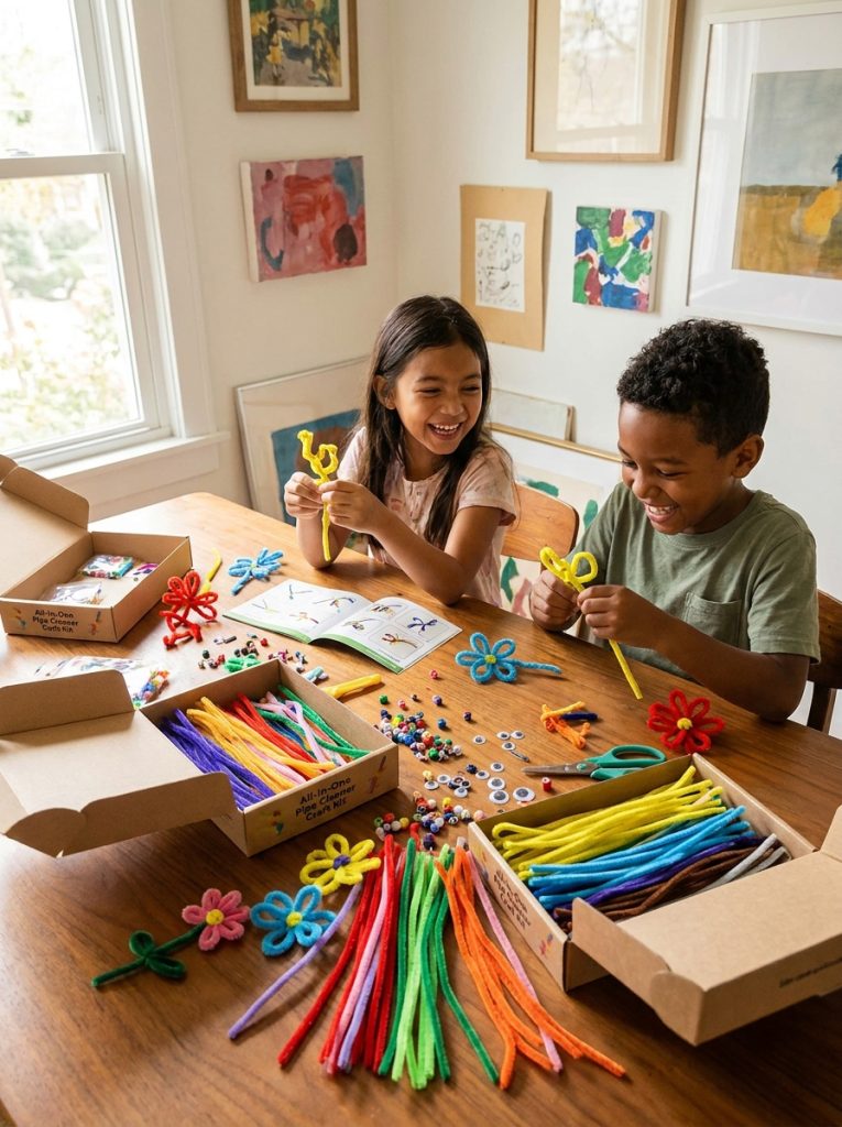 Kids using complete pipe cleaner craft kit at bright table bending and twisting colorful pipe cleaners into multiple creations