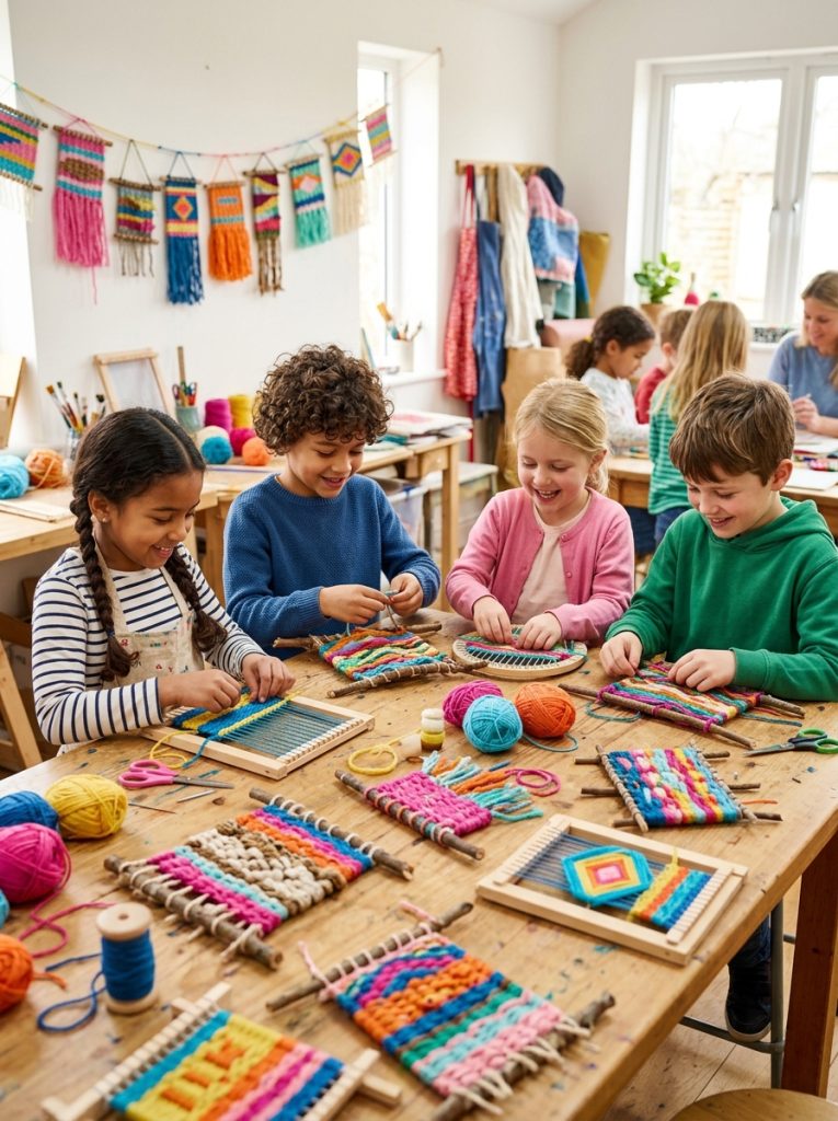 Beautiful kids weaving yarn craft projects with branch stick and frame weavings in colorful yarn as varied collection