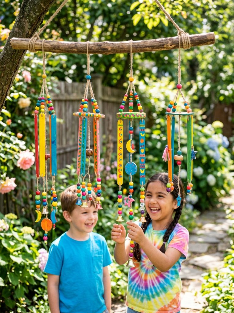 Cheerful simple DIY wind chimes made for kids with bright painted sticks colorful beads and simple materials displayed outdoors 