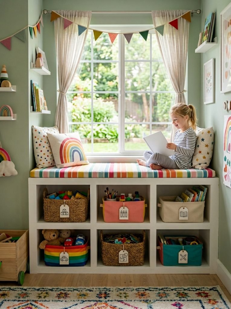 DIY kids window seat with labeled baskets in open cubbies holding toys art supplies and books in bright kids room