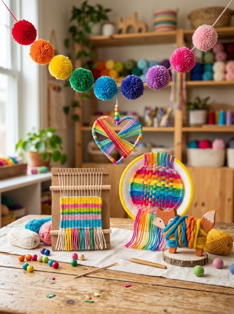 Beautiful yarn crafts for kids display with paper plate weaving rainbow pom poms cardboard loom chunky wrapped and colorful heart on craft surface