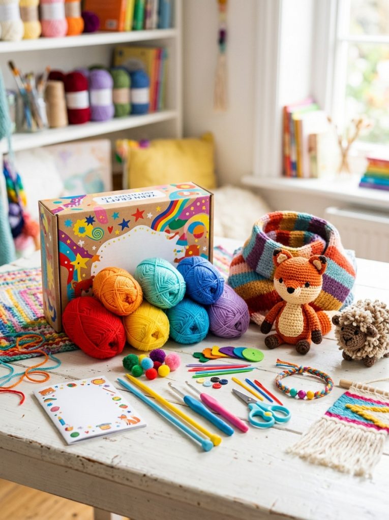 Complete kids yarn craft kit with colorful yarn balls needles hooks and accessories alongside completed sample yarn projects on craft surface