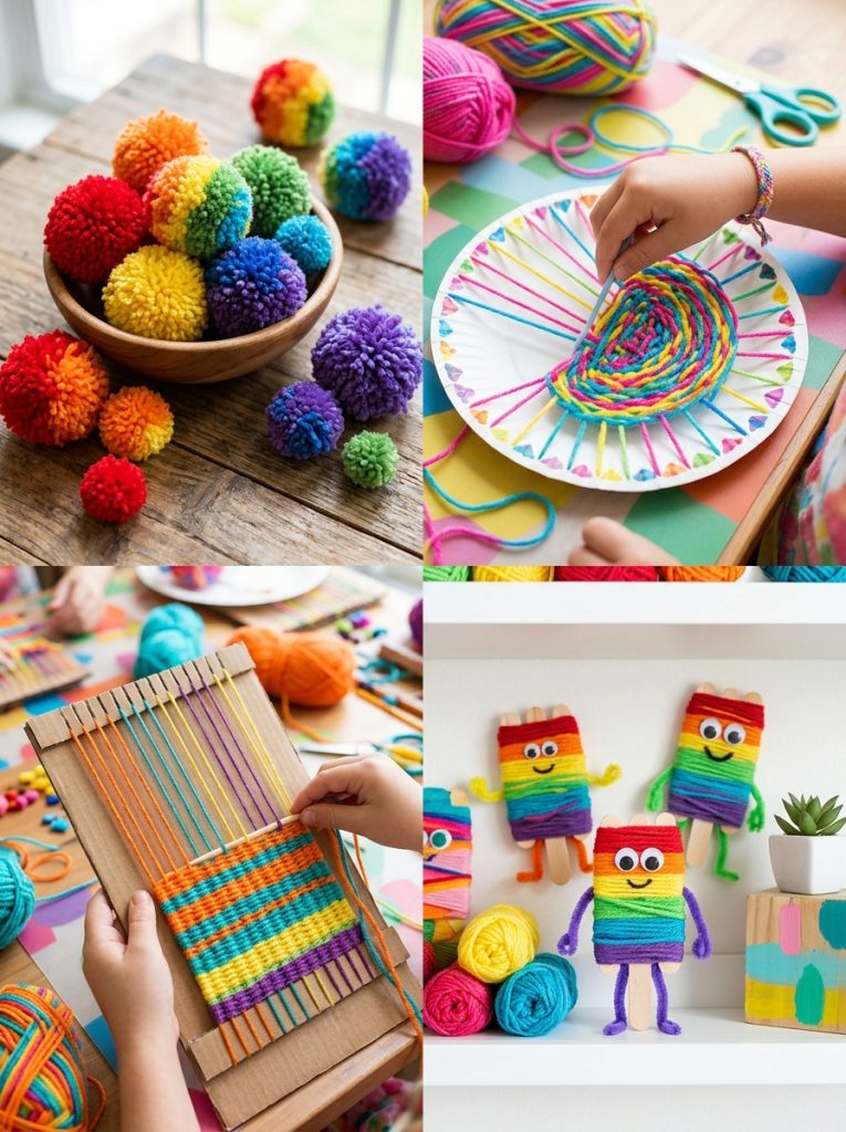 Four yarn crafts for kids including rainbow pom pom collection paper plate weaving colorful cardboard loom and yarn-wrapped popsicle sticks