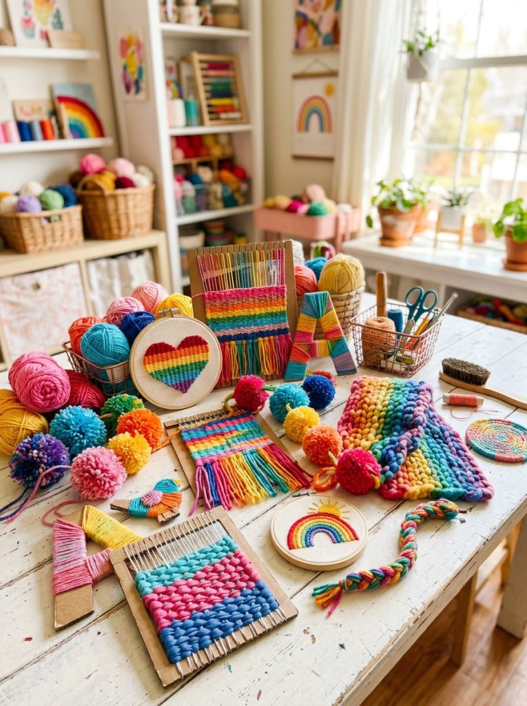 Complete yarn crafts for kids collection with pom poms weaving rainbow heart chunky wool scrap t-shirt cardboard and needle crafts