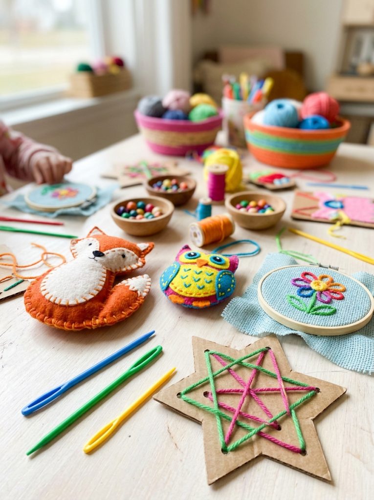 Kids yarn needle sewing craft projects with plastic needles stitching through cardboard felt and fabric creating embroidery felt animals