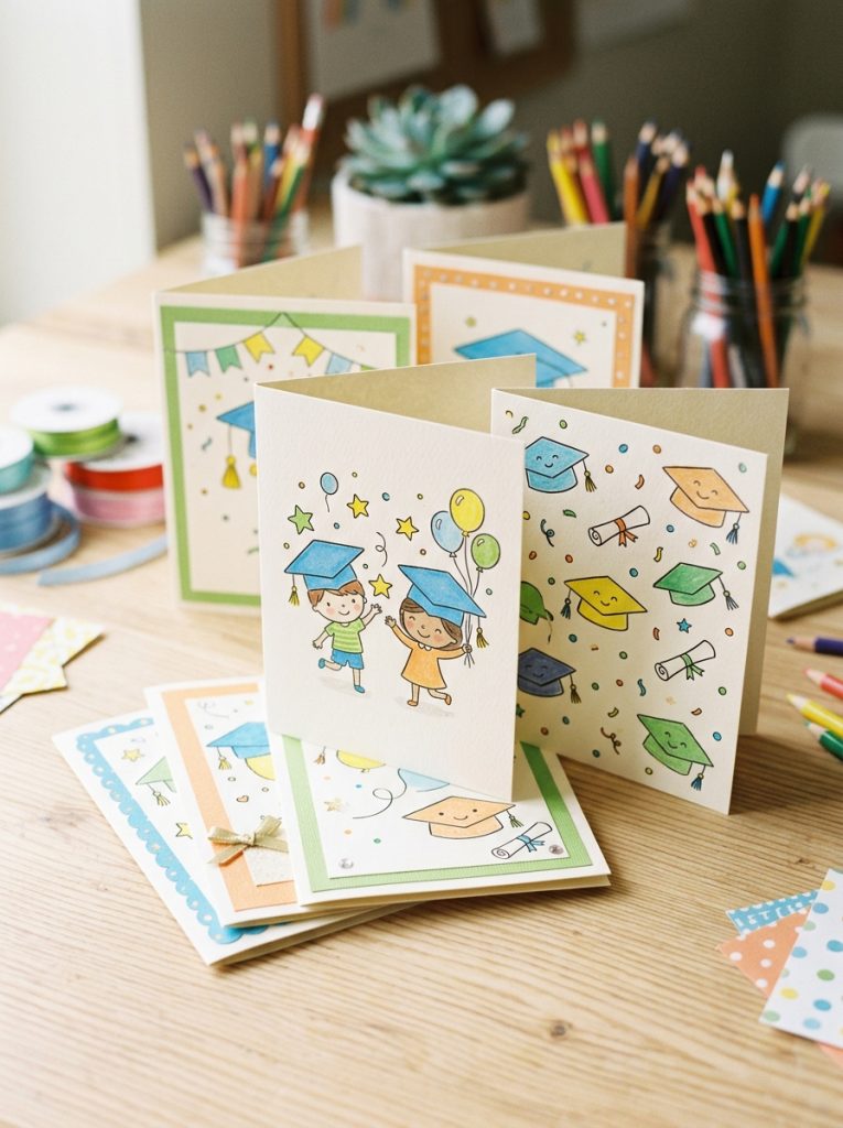 Adorable kindergarten graduation cards with cute playful designs bright colors illustrated caps stars and celebratory elements displayed