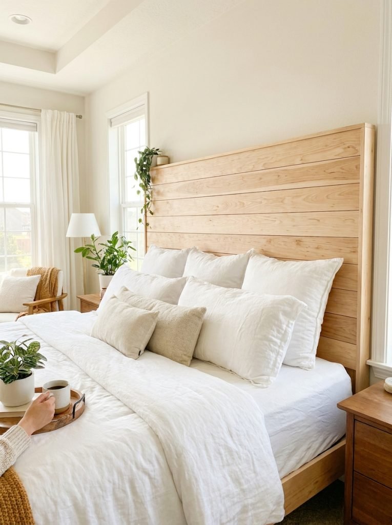Wide DIY king size headboard in natural wood with horizontal planks spanning full width of king bed
