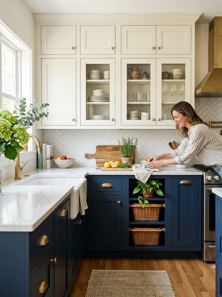 Beautiful upper lower kitchen cabinet DIY with contrasting colors complementary finishes thoughtful design relationships between cabinet zones 
