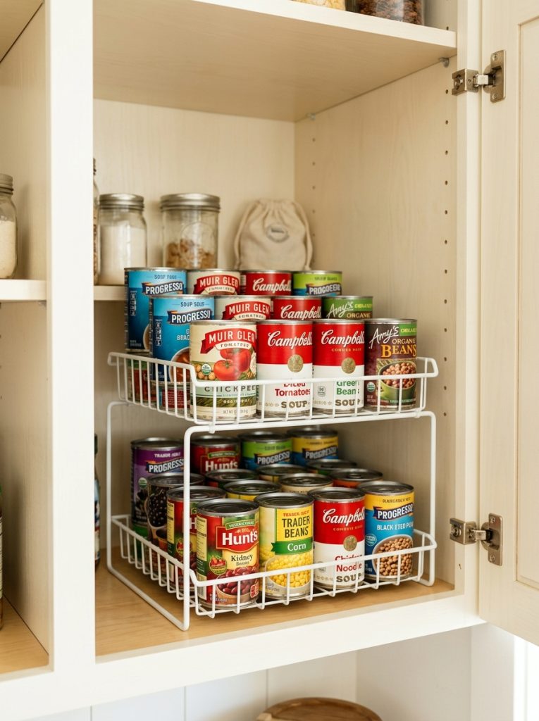 Kitchen cabinet interior with stackable can organizer holding canned goods on two levels