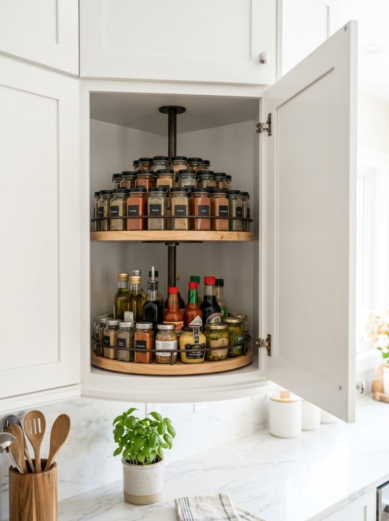 Deep upper kitchen corner cabinet with two tier lazy susan holding spice jars and condiments