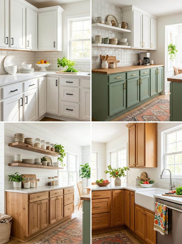 Beautiful DIY kitchen cabinets display with white painted two-tone green white open shelf and wood cabinet kitchens looking fresh renovated